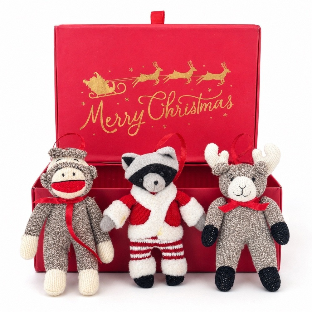 Midwest Cannon Falls Knit Christmas Ornaments Sock Monkey Moose Raccoon Lot of 3